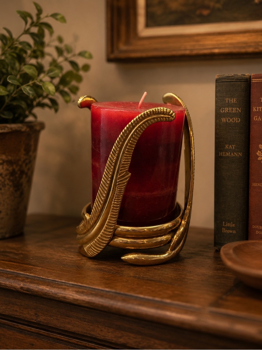 Partylite Gold Tone Pillar Candle Holder Red Candle Home Décor Accent